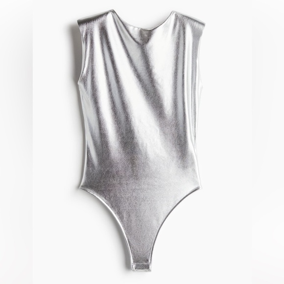 [M] NWT H&M Shimmery Metallic Bodysuit with shoulder pads - Picture 1 of 7